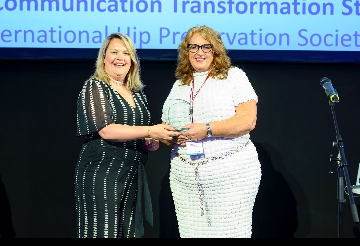 Caroline Mackenzie, ISHA Executive Director accepts two awards at the International & European Association of Association Executives Success Awards on behalf of ISHA - The Hip Preservation Society