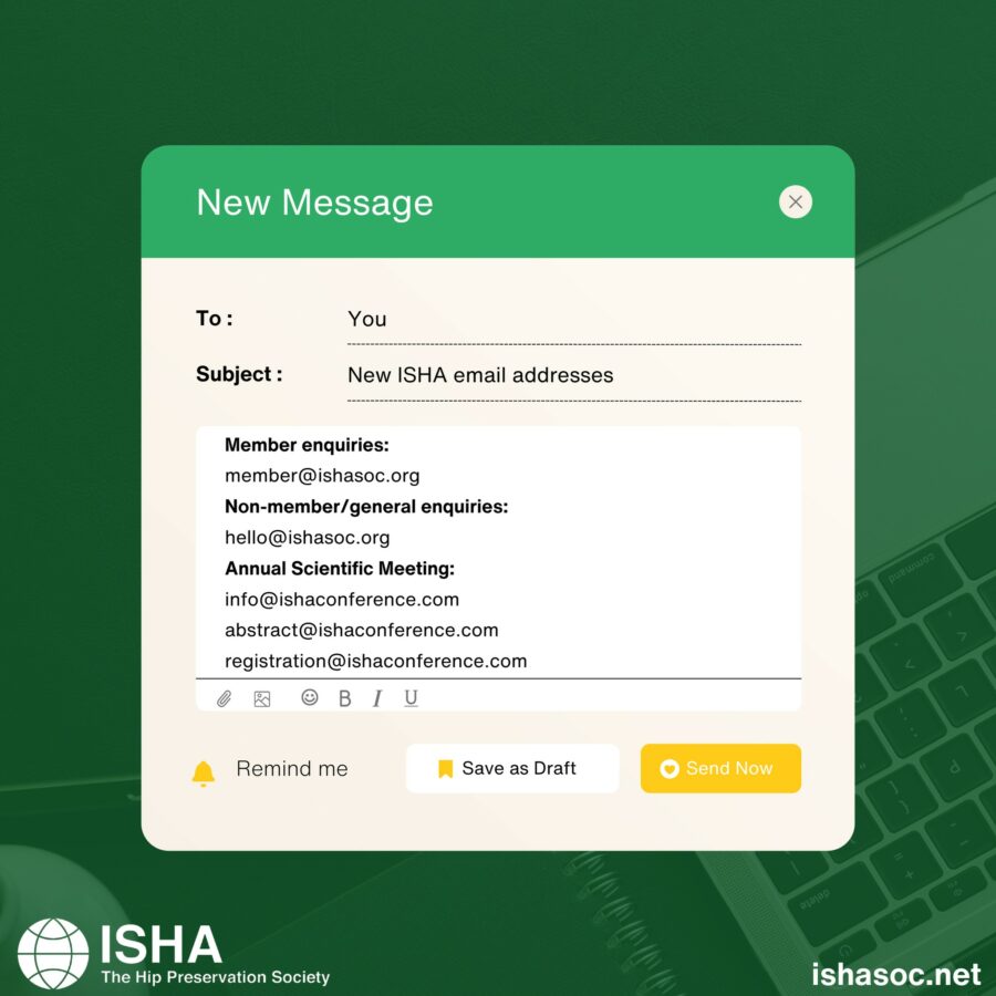 Graphic showing the new email addresses applicable to ISHA - The Hip Preservation Society