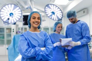 A female surgeon smiling at the camera